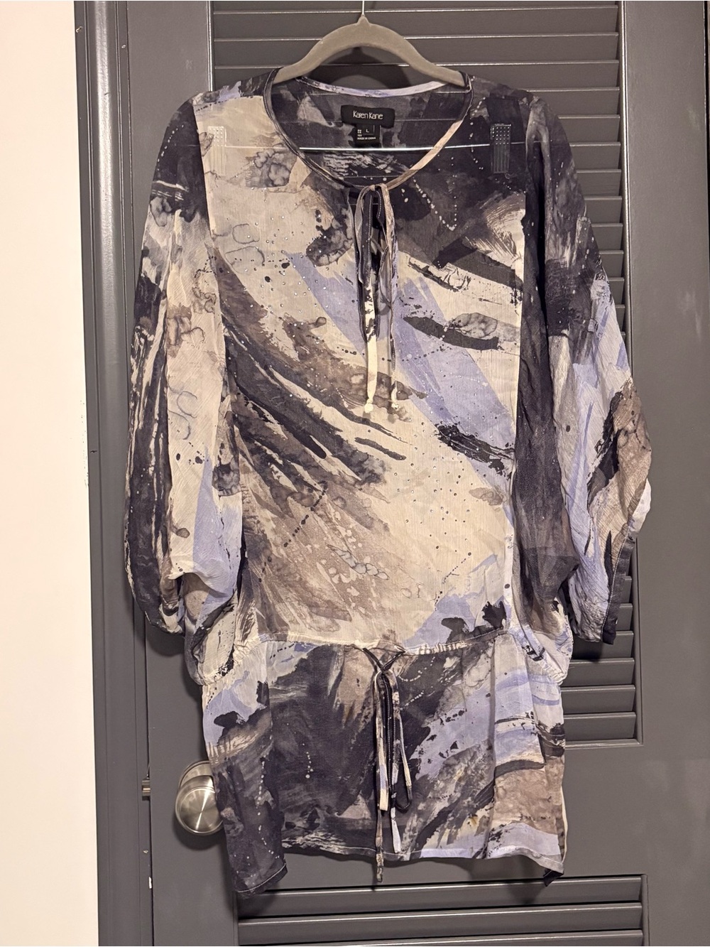 Karen Kane Watercolor Pure Silk Tie-Front Tunic in Blue, Gray & Cream